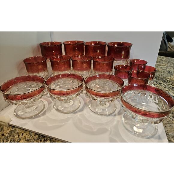 16 Pcs Tiffin Tranciscan Kings Crown Ruby Flashed Glasses Set Thumbprint Lot - Picture 1 of 10